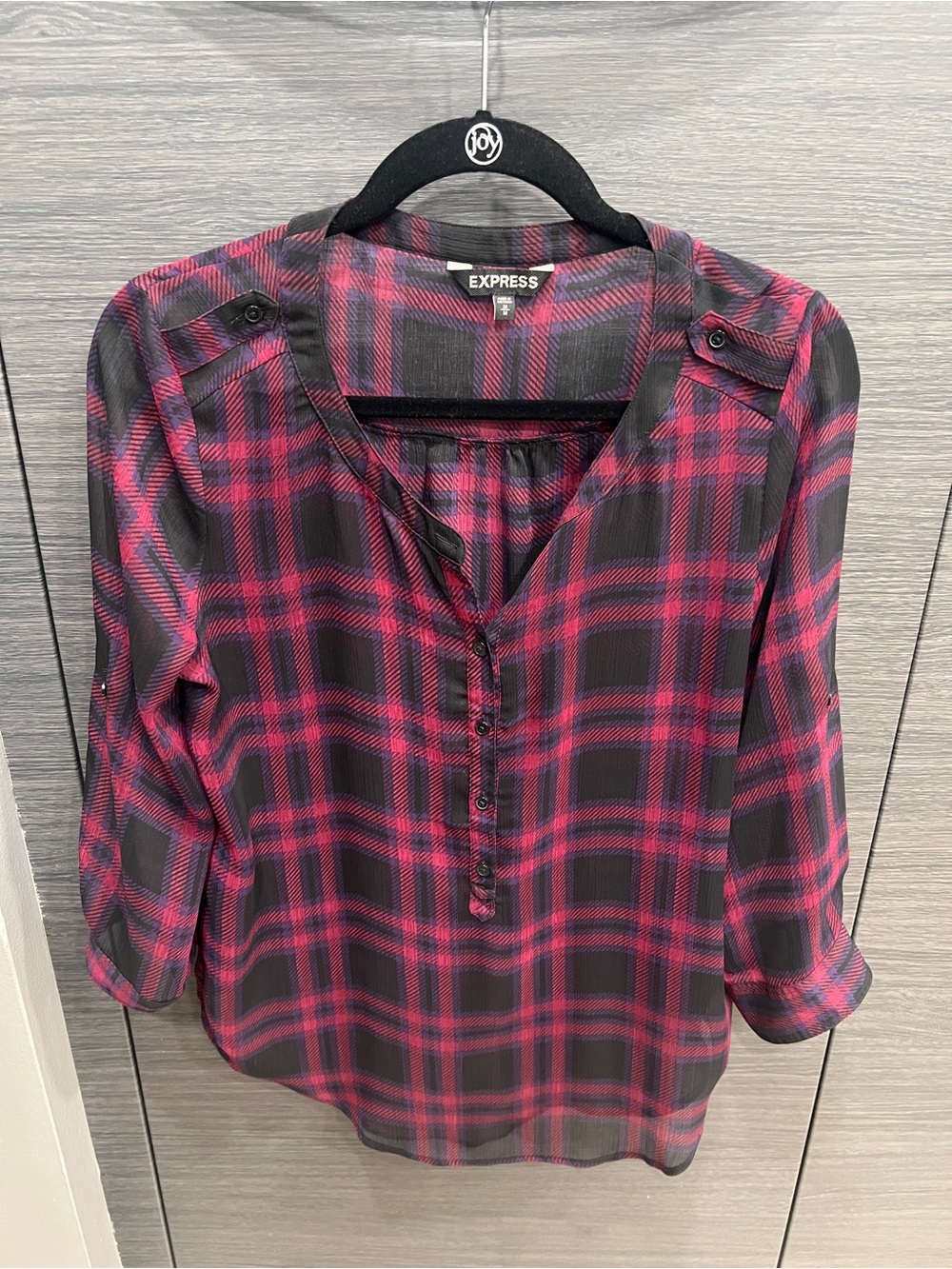 Express Pink and Black Plaid Split-Neck Button Blouse